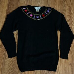 Santoria Vintage Black Silk Wool Angora Rabbit Black Sweater Jewel Accents Y2k